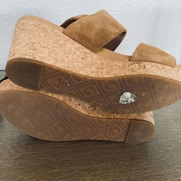 UGG Tan Suede Leather Cork Wedge Sandals 9 - Picture 7 of 8